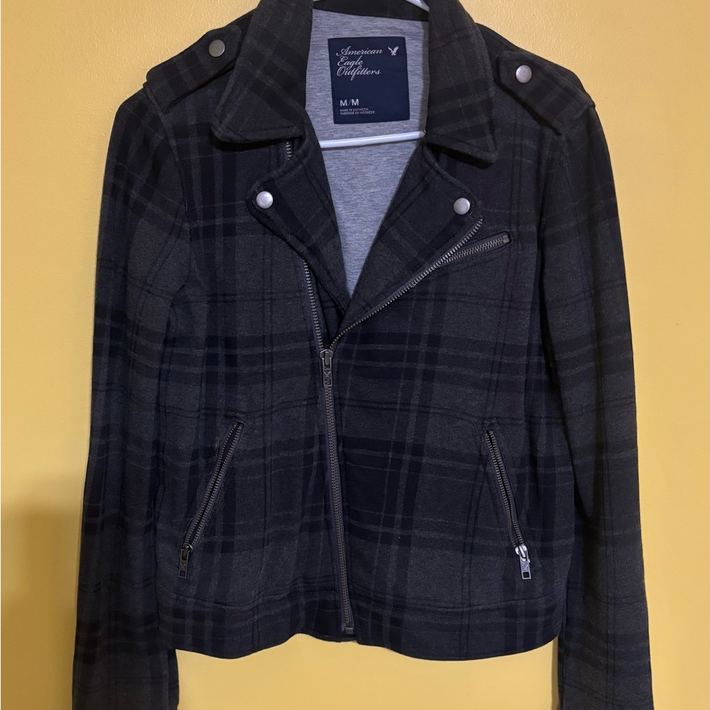 American Eagle Outfitters Black Plaid Moto-Style Jacket